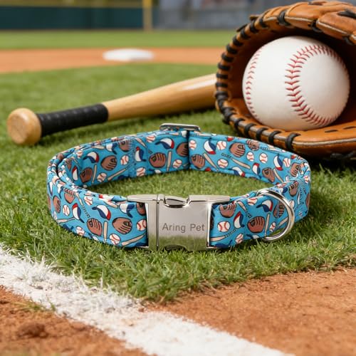 Image of ARING PET Boy Dog Collar for Puppy Small Medium Large Dogs-Blue Baseball XS | Cute Male Heavy Duty Pet Collars with Metal Buckle for XS S M L XL Dogs, for Daily Walk Sport Watch Trip Outings Photoshoots