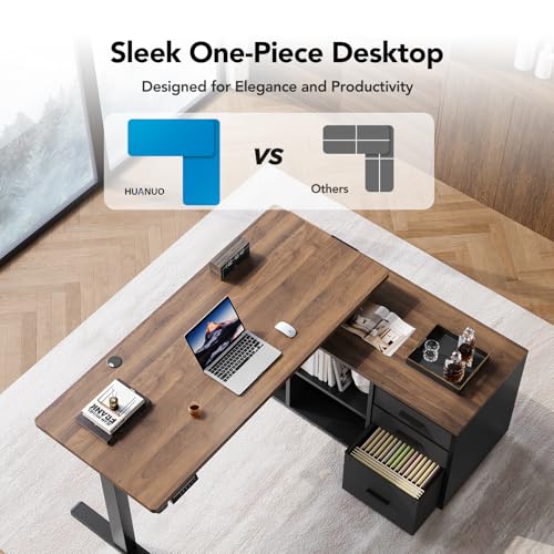 Image of HUANUO 55 Inch L Shaped Standing Desk with Drawers, Electric Executive Desk with File Cabinet Sets, Adjustable Height Stand Up Desk, Home Office Computer Desk with 4 Memory Presets, Walnut