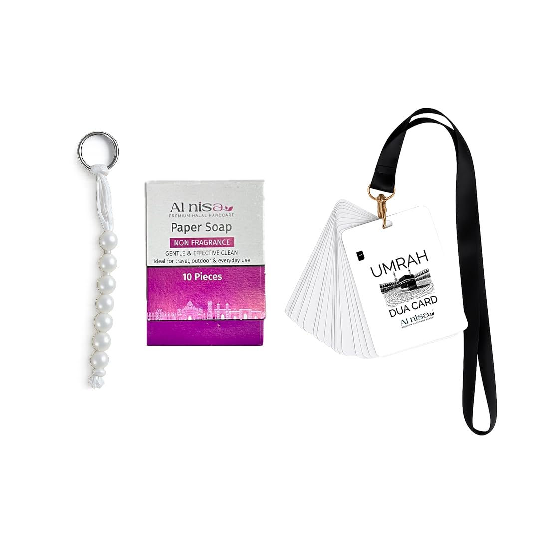 Umrah Dua Cards with Lanyard, Arabic with English Translation, 7 Beads Tasbih, Fragrance Free Hand Paper Strip Soap 1 Pack-10pcs, Set of 1-picture-10