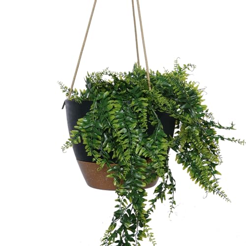 SwinDuck 12inch Large Hanging Self Watering Planter, Plastic Cylinder Hanging Plant Pot for Indoor Outdoor House Plant and Flowers, Black with Brown