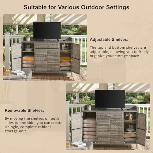 Merax 53.2" Patio Wicker Storage Cabinet, Outdoor Waterproof Patio Bar Table with Drawer and Shelves, Wicker Buffet Cabinet Sideboard for Poolside and Backyard, Gray by Merax - Image 3