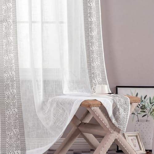 Image of LINENWALAS Decorative Cotton Linen Sheer Curtains 9 Feet for Long Door -Block Printed Door Curtain | Grommet Hanging Style Pack of 2 Panels |Light Filtering Sheer Drapes (Black Bandhani)