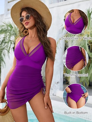 Image of Blooming Jelly Women One Piece Swim Dress Tummy Control Swimsuits Slimming Mesh Sheer Sarong Wraps Bathing Suit
