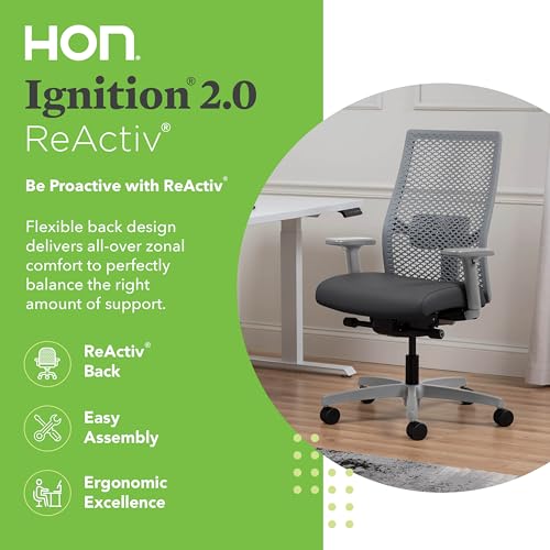 Image of HON Ignition 2.0 ReActiv Ergonomic Office Chair, Mesh Desk Chair with Lumbar Support, Advanced Synchro‑Tilt, Height and Width Adjustable Arms, Swivel Wheels, Titanium Frame, Graphite