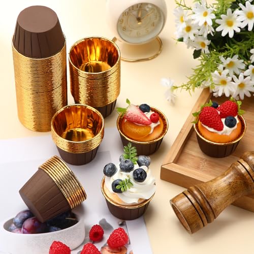 Image of 300 Pack Brown Gold Cupcake Liners Bulk Disposable Foil Muffin Cup