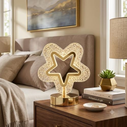 Image of Crystal Star LED Table Lamp - Aesthetic Warm White Night Light, Decorative Bedside Lamp with Golden Metal Base for Bedroom, Living Room, Home Decor & Gifting