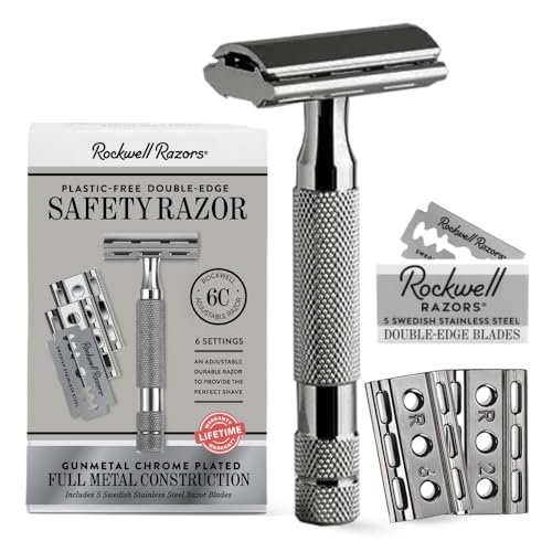 Image of ROCKWELL RAZORS 6C Gunmetal Chrome Safety Razor With 6 Adjustable Shave Settings and 5 Fully Recyclable Razor Blades. Reusable Safety Razors for Men and Women.