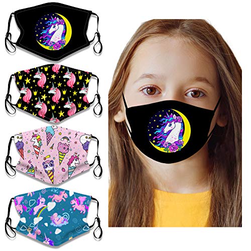 4Pcs Kids Girls Unicorn Face Bandanas Washable Cloth Face Maslks Protection Back to School