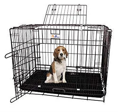 Image of RvPaws Dog Cage - Powder Coated, Double Door Folding Metal Cage /Crate /Kennel with Removable Tray and Paw Protector for Dogs, Cats and Rabbits (Silver Black, 30 Inch)