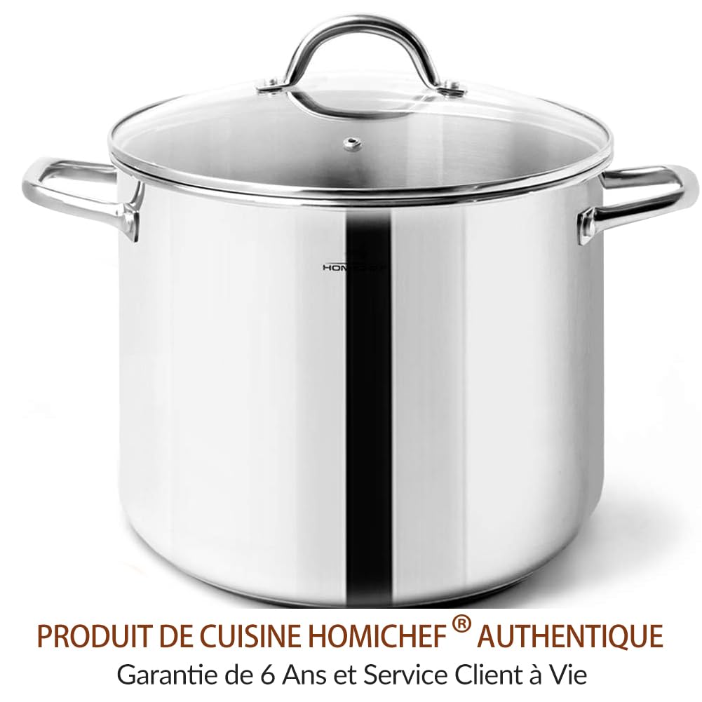 HOMICHEF Marmite 24,5 cm 9,5 litres avec couvercle en verre - Acier inoxydable sans nickel - Poignée - Poli miroir - Saine à induction