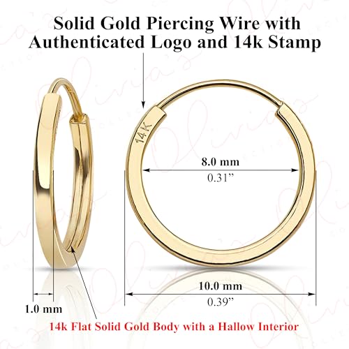 Olivia's Collection 14K White or Yellow Gold Lightweight Square Endless Hoop Earrings (10–20mm) Sizes, True 1.0mm Width, Perfect for Lobe & Upper Lobe Piercings, Unisex Design for Women, Men, and Teens2