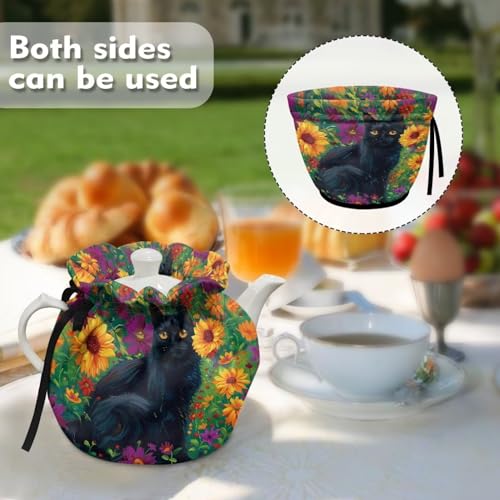 Image of Xoenoiee Black Cat Colorful Floral Print Tea Cozy Cotton Tea Cosy for Teapots Keep Warm Teapot Cover Insulated Kettle Cover for Home Kitchen Table Decor