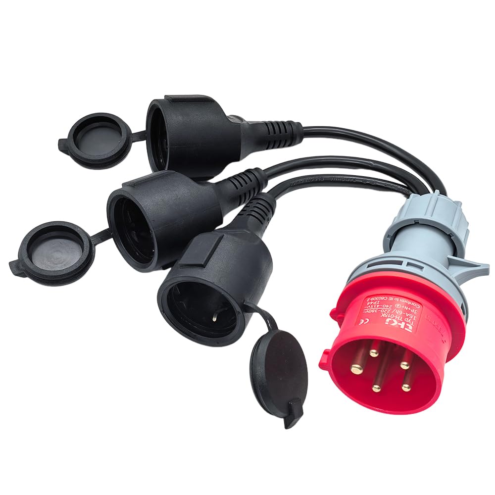 Adaptateur CEE - Adaptateur courant fort - 380 V 16 A vers 3 x 220 V - Adaptateur CEE Schuko - Pour caravane, industrie, extérieur