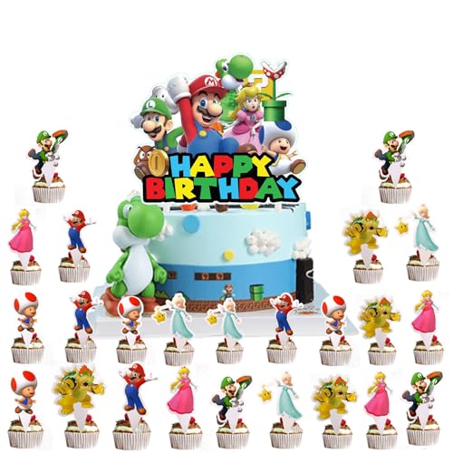 Decoracion Tarta Mario, 25PCS Decoracion Tartas Cumpleaños Mario, Cake Topper Cumpleaños Cake para Niños