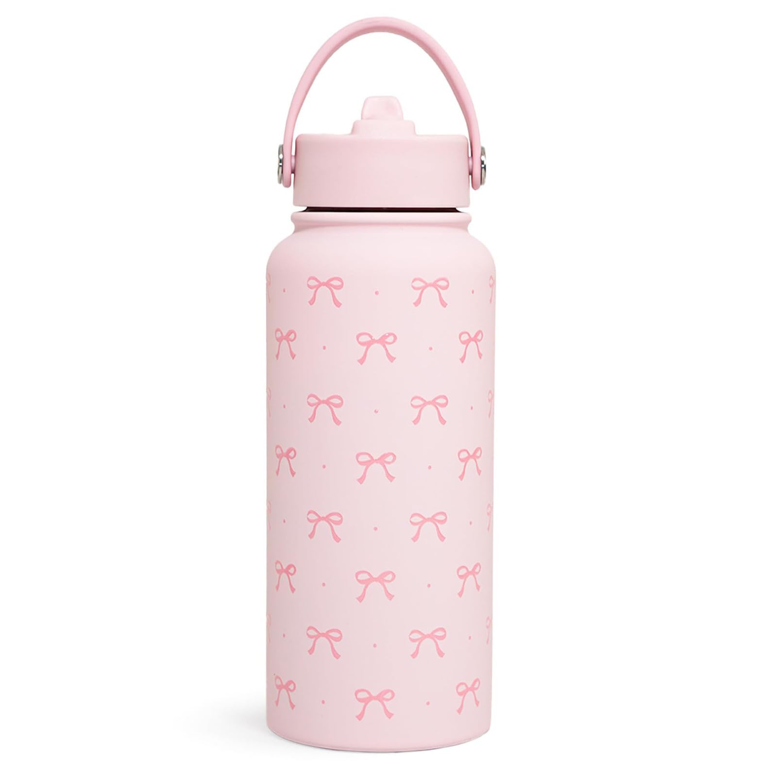 Nymora Pink Bow Water Bottle 1L (32oz) Insulated Water Bottle Stainless Steel Pink Girls Water Bottle with Straw for Women Girls, Ideal Birthday and Back to School Gift