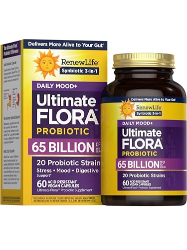 Renew Life Ultimate Flora Probiotics Daily Mood Support 65 Billion CFU Delayed Release Vegan Capsules with Ashwagandha | Digestive Health | Immune Health | Dairy Free | 60 Count
