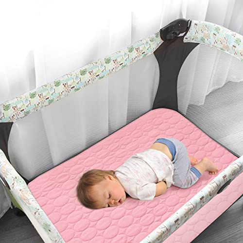 Pack and Play Protector Sheets Waterproof 2 Pack, Quilted Playard Mattress Pad Cover Fitted Fits for Graco Pack n Play Playard Mattress/Playpen Mattress, Gray & Pink, 39" x 27"