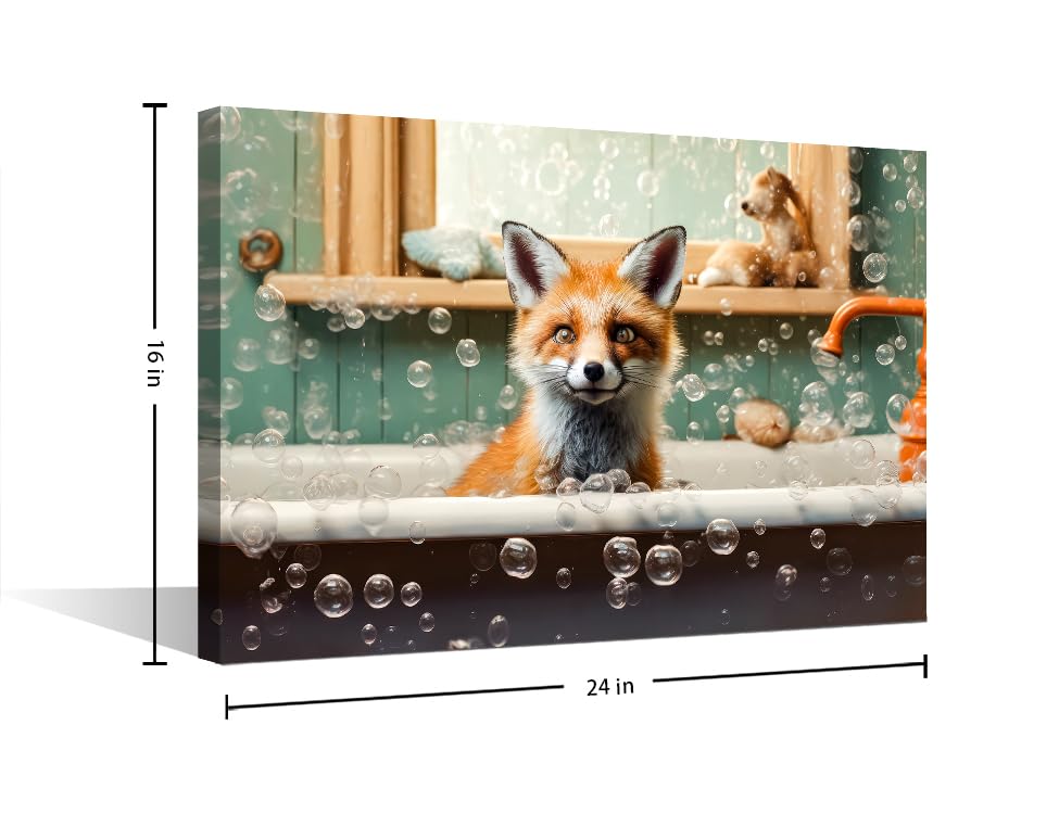 Bathtub Animal Fox Wall Decor Fox Takes a Bath in the Bathtub Bathroom Wall Art Canvas Paintings Boho Canvas Pictures Artwork Modern Home Decor Posters & Prints Framed Ready to Hang (16"Wx24"H) - Image 2
