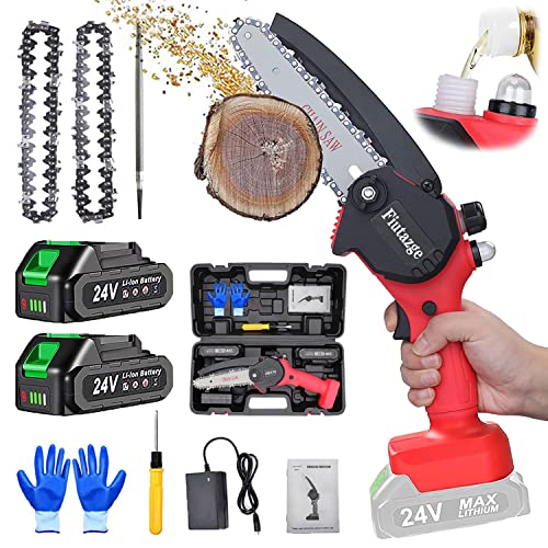 Mini Tronconneuse a Batterie, Mini Tronçonneuse Sans Fil 6 Pouces avec 2 Batteries 24V et 2Chaînes, pour la Coupe du Bois, ​l'élagage (rouge) Cover