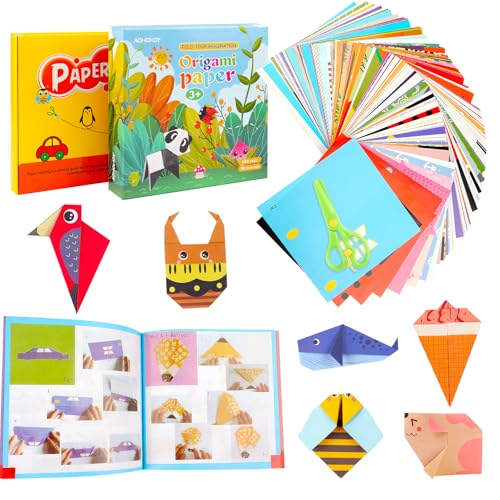 Deepton Origami Paper Kit for Kids 6-12, 192 Origami and 120 Paper Cuts, Origami with Scissors and Guiding Book, Patterns Origami Set, Square Craft Patterned Papers Gift Set for Beginners Girls Boy