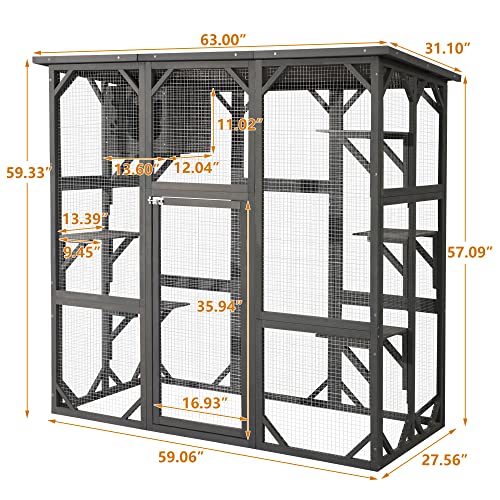 Grepatio Cat Enclosure Large Outdoor Catio Wooden Cat House with Weatherproof, Cat Cage Condo Indoor Playpen with Platform and Small House (Grey) - Thumbnail 6