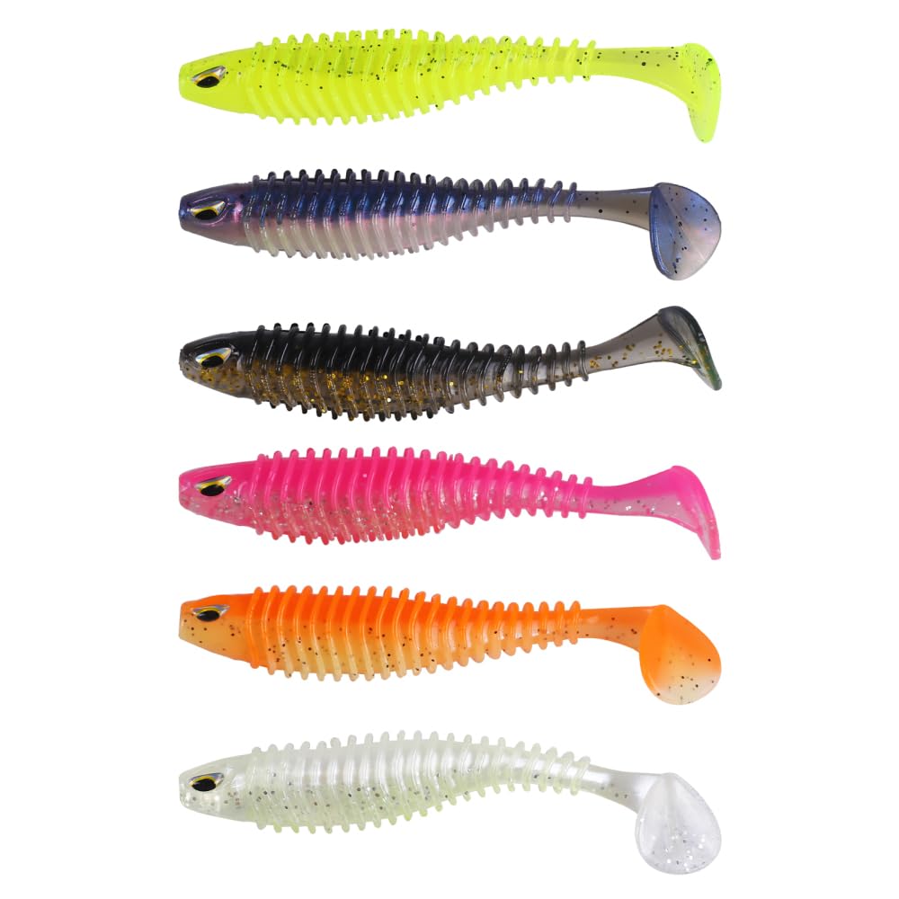 T-Tail Swimming Bait, 6 Colors 24pcs PVC Fat Soft Paddle Tail Swim Baits for Bass Fishing, Saltwater, and Freshwater