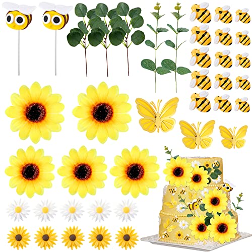 40 Pieces Sunflower Bee Cake Topper Daisy Butterfly Cake Decoration Artificial Eucalyptus Birthday Cake Decoration For Bee Daisy Spring Sunflower Baby Shower Wedding Party Themed Birthday Party #TOP24