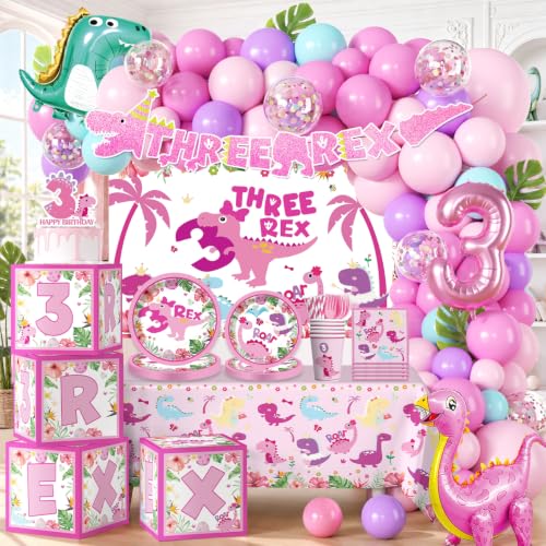 314Pcs Three Rex Birthday Decorations Serves 25 Guests, All-in-One Pink Dinosaur Birthday Decorations Includes Balloon Arch Kit, Banner, Plates, Balloons Box, Tablecloth, Cake Topper