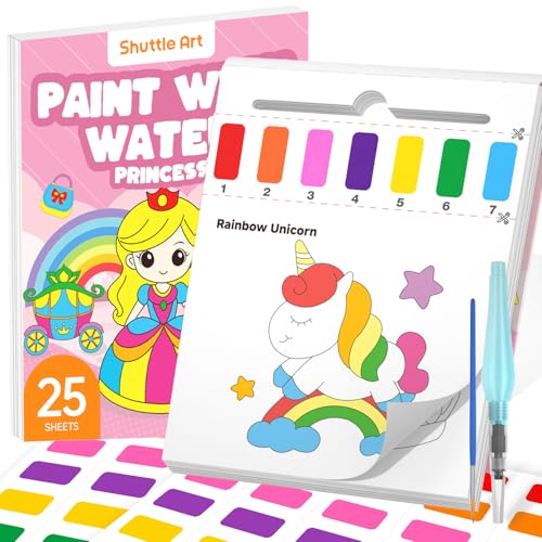 Image of Shuttle Art Paint with Water Coloring Book for Kids, 25 Princess Themed Pages with 2 Brushes, Mess-Free Watercolor Paint Set, Travel-Friendly Art Craft Gift for Toddlers, Birthday Christmas Gift