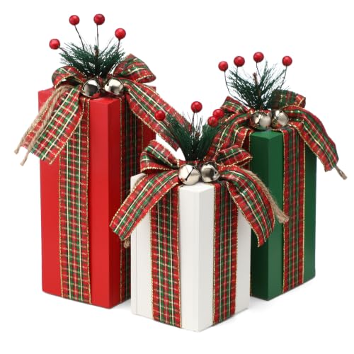 Amyhill 3 Pcs Christmas Wooden Gifts Box Decor Christmas Plaid Presents Table Centerpieces Rustic Wooden Gifts Tiered Tray Decor with Buffalo Plaid Bowknot for Xmas Party(White,Red,Green,Funny)