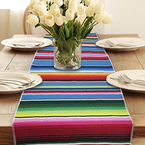4 Pcs Blue Mexican Table Runner Cotton Mexican Serape Table Runner For Mexican Theme Fiesta Party Cinco De Mayo Carnival, Mardi Gras Party Decorations 14×84 Inch #TOP5