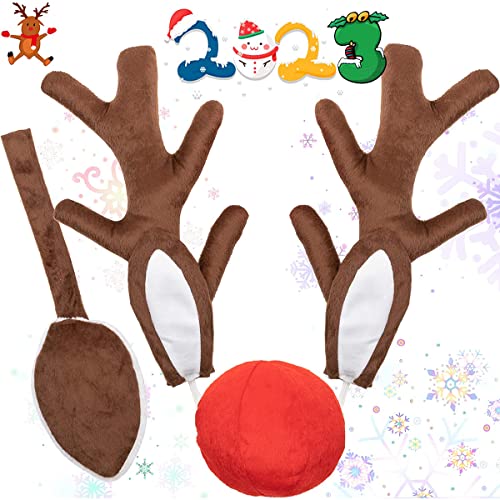 godoboo Reno Auto Rudolf para Navidad 43 cm Disfraz de coche Reindeer Navidad Alce con astas y nariz roja para decoración de coche, juego para todo tipo de coches Cover