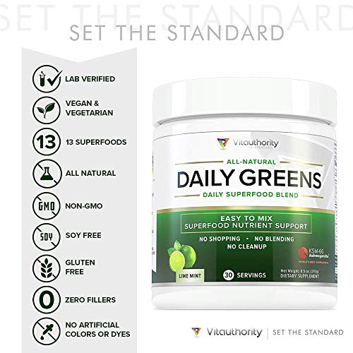 Daily Greens Superfood Powder: Best Tasting Non-GMO Greens Detox Powder with Spirulina, Matcha Green Tea, Barley Grass Juice Powder, Vegan, Lime Mint, 30 SRV