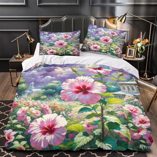 Housse de couette sans repassage hibiscus 3D en microfibre douce avec zip pour lit simple - 4