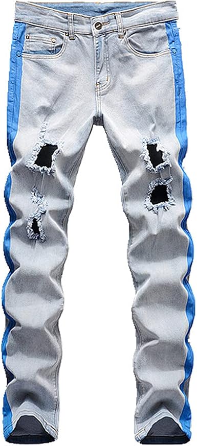 Amazon.com: Pantalones de mezclilla elásticos para hombre con agujeros y corte  recto : Ropa, Zapatos y Joyería