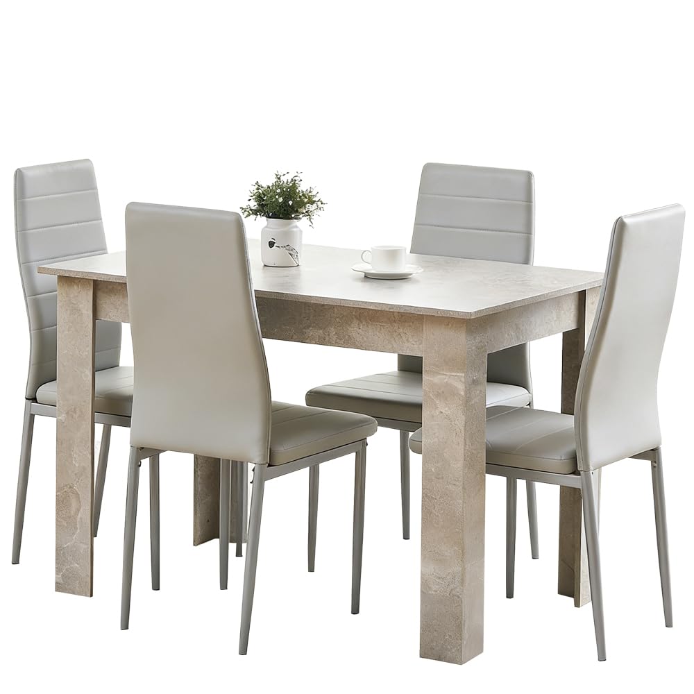 Homullel 5 Piece Dining Room Table and Chairs Set for Dining Room Kitchen, Modern Wooden Dining Table with Chairs for Family Dinner Set (With 4Pcs Grey Leather Chairs, 110cm Grey Table)
