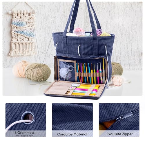 Image of MYBAGZING Large Yarn Tote Organizer - Corduroy Knitting Storage Holder for Yarn, Hooks & Accessories, Portable Craft Carryall for Crocheting Lovers, Mother's Day Gift