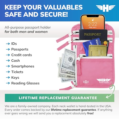 Image of HERO Neck Wallet - RFID Blocking Passport Holder, Easy to Conceal Travel Pouch (Hot Pink)