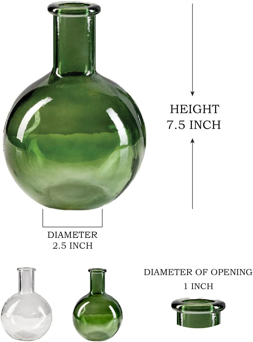 Serene Spaces Living Set of 2 Green Bottleneck Round Glass Vase, Vintage Bulb Flower Vase for Console Table, Shelf, Living Room, Bathroom, Office, Wedding, (5.3 Inches Diameter & 7.48 Inches Tall)