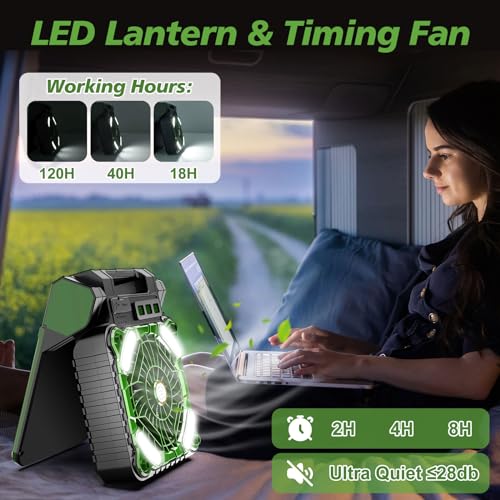 10000mAh-Solar-Powered-Camping-Fan-with-LED-Lantern-4-Speeds-Powerful-Wind-Rechargeable-Battery-Operated-Portable-Fan-Cordless-Desk-Cooling-Fan-with-3-Timer-PowerBank-for-Travel-Tent-Worksite