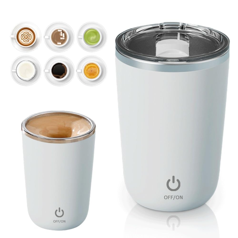 HYRAINBOW Automatic Magnetic Stirring Coffee Mug, 2025 New Rechargeable Coffee Cup with Mixer Built In, Rotatable Metal Coffee Mugs High Speed Mixing Cup for Office Home (White)