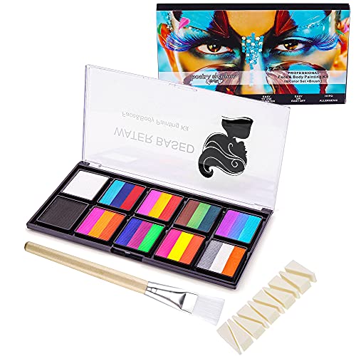 FANICEA Rainbow Face Painting Kit 10 Colors New Upgrade Professional Non Toxic SFX Water Based Split Cake Body Paint Palette Makeup Set with 1 Large Brush and 10 Pcs Sponge Puff for Adults and Kids