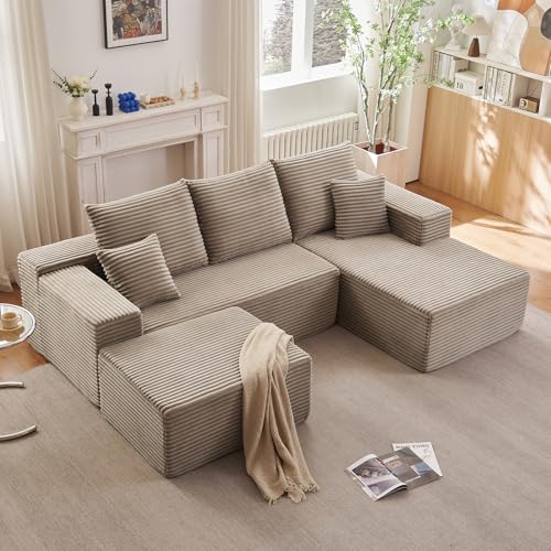 Image of Lakifun 107 inch U-Shape Cloud Couch, Modern Modular Sectional Comfy L-Shape Sofa with Ottoman, Deep Seat, Upholstered Corduroy Sleeper Chaise Longue for Living Room Bedroom, No Assembly Required, Camel