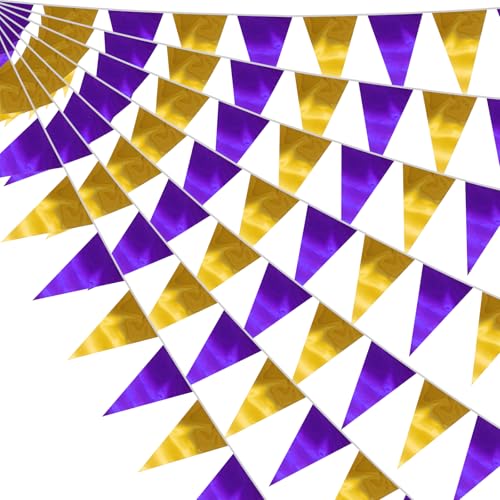 Image of 130FT Purple Gold Triangle Pennant Banner Flag Metallic Fabric Bunting Garland for Christmas Graduation Wedding Engagement Anniversary Bachelorette Birthday Bridal Shower Valentines Hen Party Supplies