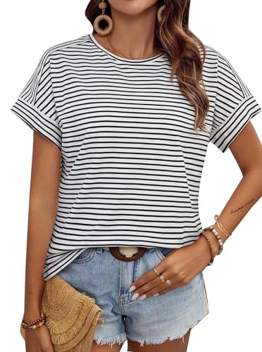 LilyCoco Womens Striped Shirt Short Batwing Sleeve Tops Crew Neck Casual Loose Fit Tee Black Large