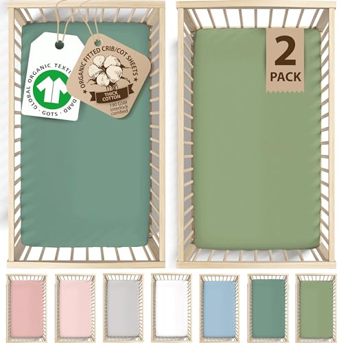 Image of Bunnyjik GOTS Organic 2 x Crib Sheets - 190 GSM Thick & Luxuriously Soft Fitted Sheets - Certified Organic Combed Cotton (Forest Green + Sage Green, Crib Sheets - 2 Pack)