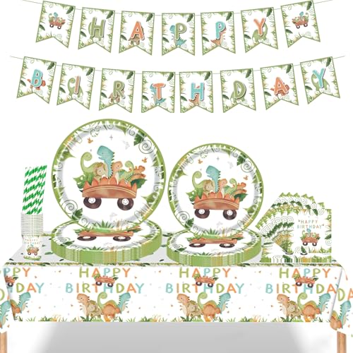 Lot de 102 décorations d'anniversaire dinosaures pour 20 invités - Décorations de fête d'anniversaire avec assiettes, serviettes, tasses, nappes, bannières pour enfants, garçons et filles