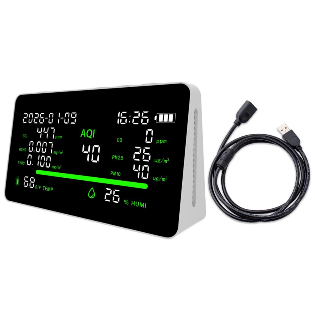 11-in-1 Air Quality Monitor, Indoor CO2VOC/AQI/PM2.5/Thermometer/Humidity Monitor, Portable Smart Air Quality Meters for Home Office Outdoor, Battery Powered (with USB & Extension Cable)