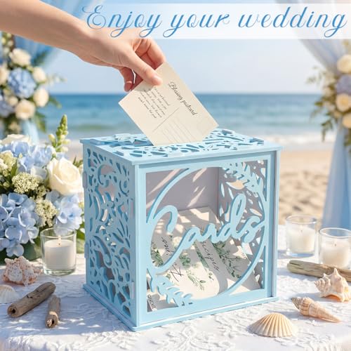 Image of OurWarm Blue Wedding Card Box with Acrylic Window, PVC Gift Card Box for Wedding Decorations Reception, Envelope Money Gift Boxes for Party Baby Shower Anniversary Graduation Birthday Bridal Decor