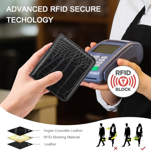 Image of Crocodile Wallets Women Small RFID Blocking Credit Card Holder | Luxury Alligator Faux Leather Thin Bifold Croc Womens Wallet Ladies Mini Purse with Coin Pocket, Black